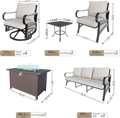 11 Pieces Outdoor Patio Conversation Sets with All Weather Cushions, Metal 2 Three-Seater, 4 Swivel Rockers, 2 Single Chairs, 2 Side Tables, 1 Fire Pit Table for Backyard Deck Porch Poolside, Beige