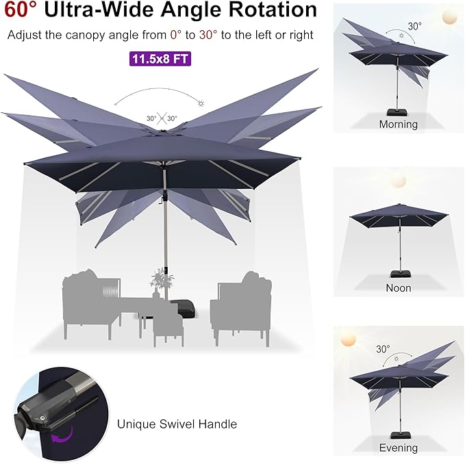 PURPLE LEAF 11.5' X 8' Left-right Tilting Patio Umbrella with Base Outdoor Swivel Cantilever Offset Aluminum Umbrella with Champagne Frame and 360-degree Rotation for Garden Deck Pool, Navy Blue