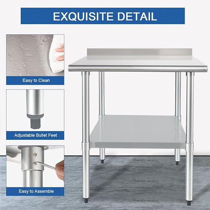 HARDURA Stainless Steel Table Prep Work Table 30 x 36 Inches NSF Heavy Duty Commercial with Undershelf and Backsplash for Food Prep