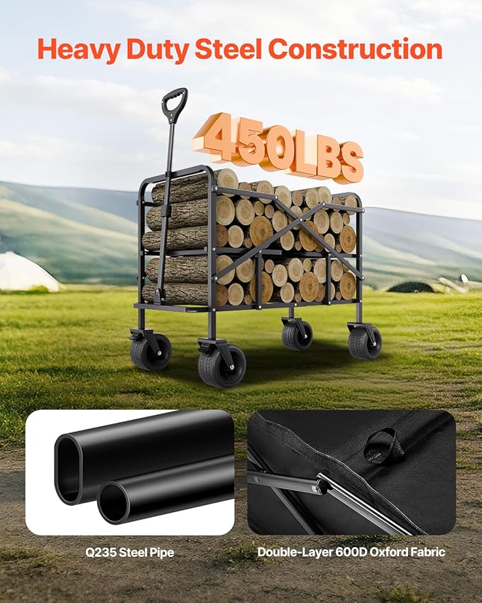 VEVOR 400L/450lbs Large Collapsible Double Decker Wagon, Foldable Heavy Duty Beach Wagon Cart with Big Wheels for Sand, Folding Utility Sports Cart for Camping Garden