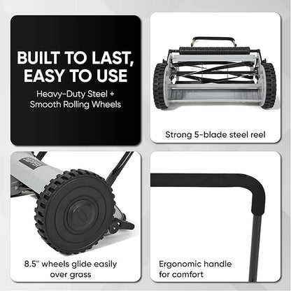 16" Push Reel Lawn Mower – Manual 5-Blade Hand Mower with Adjustable 3-Position Cutting Height (0.5"–1.75") – Lightweight, Eco-Friendly, Steel Blades – 2-Year Warranty