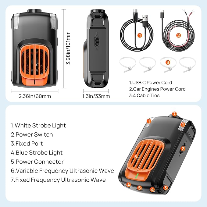 Rodent Repellent for car Engine, Ultrasonic Mouse Repellent Under Hood, Plug-in Powered, 4 Flashing LED Strobe Lights, Keep Rats and Mice Away from Car, Vehicle, RV, Garage 2 Pack (Unscented x2)