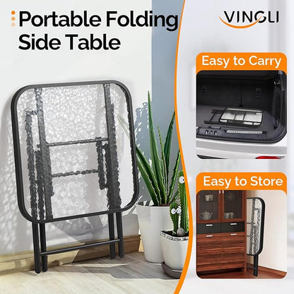 VINGLI Folding Glass Outdoor Side Table, 18 Inches Small Foldable Patio Bistro Table with Tempered Glass Table Top for Lawn & Garden, Balcony, Porch and Pool, Rectangular