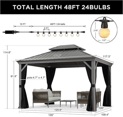PURPLE LEAF 10' X 12' Outdoor Hardtop Gazebo with Galvanized Steel Double Roof Aluminum Frames Heavy Duty Permanent Pavilion Gazebo for Patio Deck Garden,Netting and Curtains Included, Light Grey