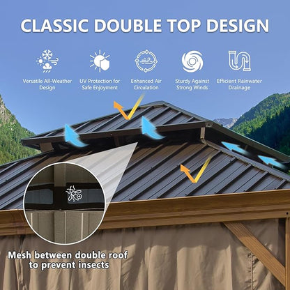 12' x 12' Hardtop Gazebo Outdoor Aluminum Gazebos Wood Grain with Galvanized Steel Double Canopy for Patios Deck Backyard,Curtains&Netting by domi outdoor living