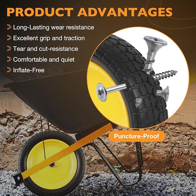 HQPASFY 16" Flat Free Tire 4.80/4.00-8 Wheelbarrow Tire and Wheel, 3" Centered Hub, 5/8" & 3/4" Bearings – Solid No-Flat Replacement for Wheelbarrows, Garden Carts, Dump Carts, Lawn Equipment