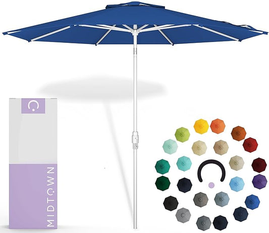 Midtown Umbrellas The Swilt 9 Feet Patio Umbrella in Sunbrella Dark Blue Acrylic Fabric - Fiberglass Ribs, Auto-Tilt Aluminum Frame For Backyard, Deck, Garden, Pool - White Pole