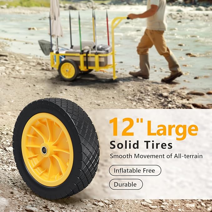 Bonnlo Beach Fishing Cart, Beach Wagon Trolley with 12" Big No-Flat Airless Tires, Foldable Beach Trailer with Large 36" x 16" Cargo Basket, 250 lbs Load Capacity, 7 Fishing Rods Holder