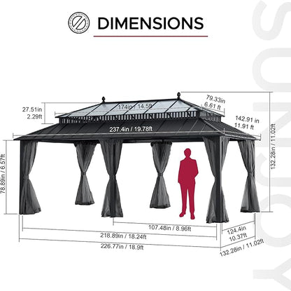 SUNJOY Kingston 20' x 12' Hardtop Gazebo with Galvanized Steel/Polycarbonate Double Roof, Curtain and Netting, Gray Aluminum Posts Permanent Pavilion Gazebo for Garden, Patio, Deck, Lawn