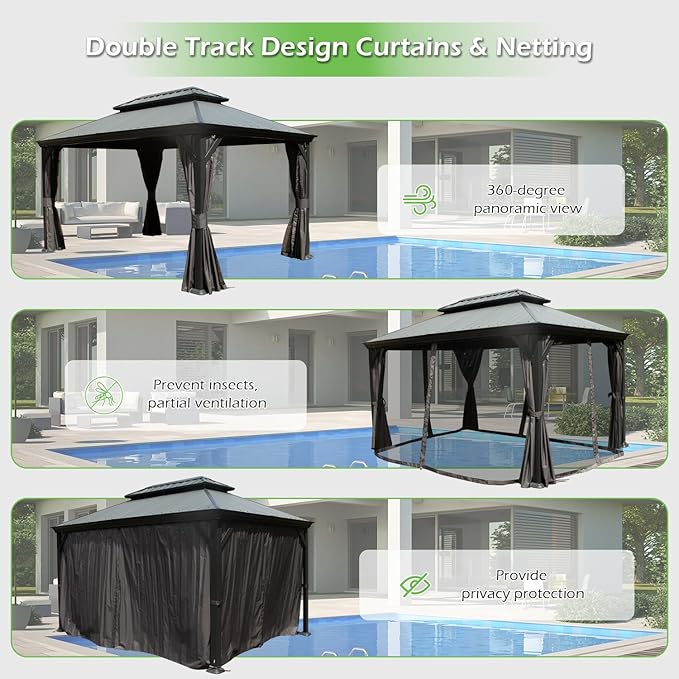 Domi 12’x16’ Outdoor Gazebo Hardtop with Gutters, Patio Gazebo Canopy with Resin & Metal Roof, Heavy Duty Permanent Pavilion for Backyard, Garden, Deck, Hot Tub, Curtains and Mosquito Netting Included