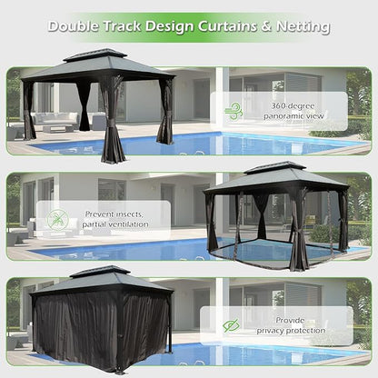Domi 12’x16’ Outdoor Gazebo Hardtop with Gutters, Patio Gazebo Canopy with Resin & Metal Roof, Heavy Duty Permanent Pavilion for Backyard, Garden, Deck, Hot Tub, Curtains and Mosquito Netting Included