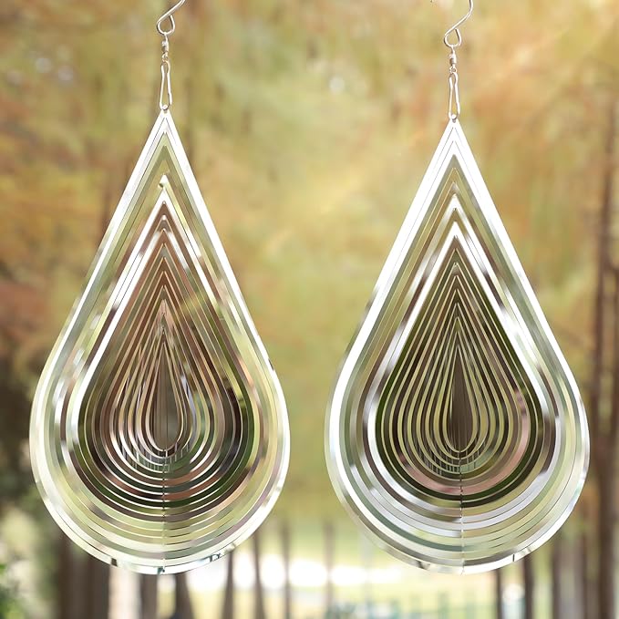 Wind Spinner Flowing-Light Effect Courtyard Decorations Made of Stainless Steel House Hanging Decoration 12“x 8“ Spinners with a 360° Rotating Hook (2 pcs Water Drop-Silver)