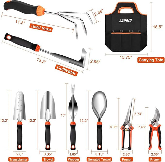 Garden Tool Set, 9 Piece Stainless Steel Heavy Duty Gardening Tool Set, with Non-Slip Rubber Grip, Storage Pocket, Ideal Gardening Gifts for Men