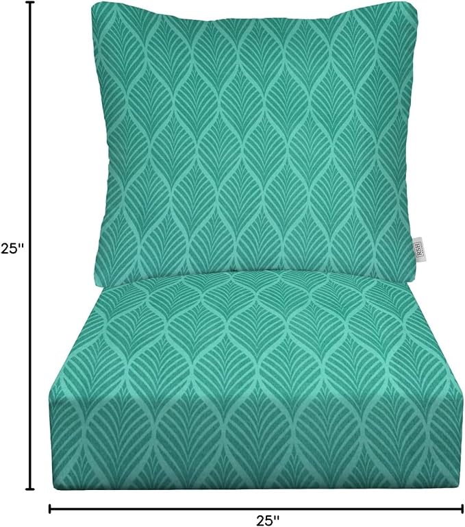 RSH DECOR: Deep Seating Cushion with Pillow Back | 25” x 25” Seat | Water and Fade-Resistant Spun Fabric | Outdoor Chair Cushion Set for Patio Furniture | Fenbrook Teal