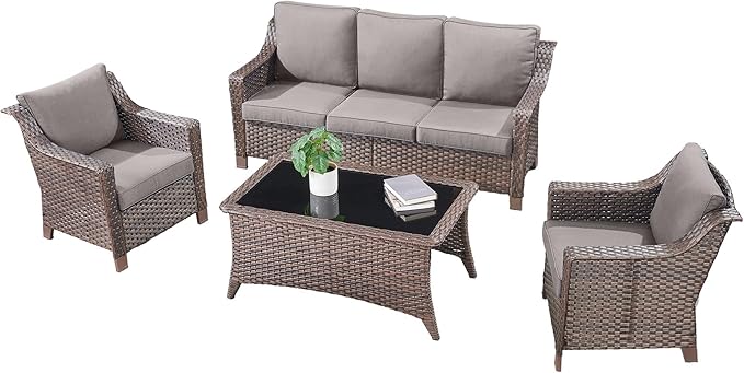 4 Piece Patio Furniture Set-Outdoor Rattan Wicker Sofa with Patio Chairs Outdoor Furniture for Porch Garden Backyard Poolside-Brown/Grey