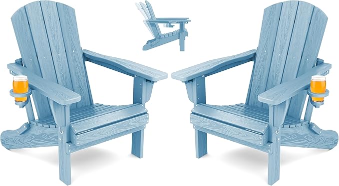 SERWALL Folding Adirondack Chair Set of 2, Adjustable Adirondack Chair with 3 Recline Positions, All Weather HDPE Outdoor Adirondack with Cup Holders, Light Blue