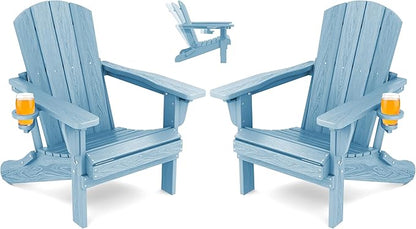 SERWALL Folding Adirondack Chair Set of 2, Adjustable Adirondack Chair with 3 Recline Positions, All Weather HDPE Outdoor Adirondack with Cup Holders, Light Blue