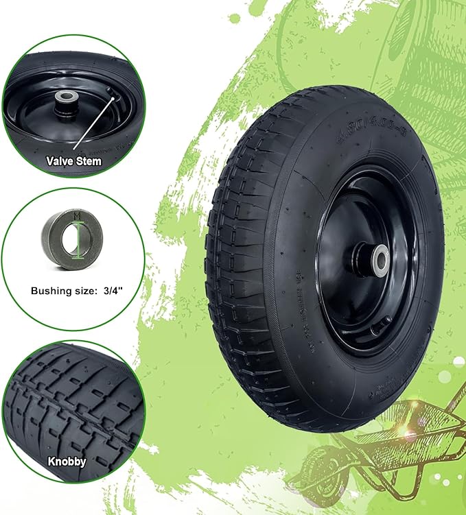 2-Pack 4.80/4.00-8" Pneumatic Wheelbarrow Wheel and Tires with 3"- 6" Center Hub and 3/4" Bushings for Wheelbarrow and Yard Cart Garden Wagon, Black
