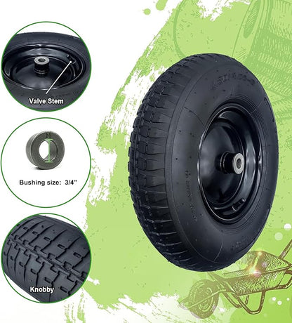 2-Pack 4.80/4.00-8" Pneumatic Wheelbarrow Wheel and Tires with 3"- 6" Center Hub and 3/4" Bushings for Wheelbarrow and Yard Cart Garden Wagon, Black