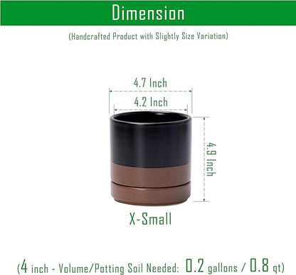 D'vine Dev 4.7 Inch Ceramic Planter Pot with Drainage Hole and Saucer, Indoor Cylinder Round Planter Pot, Black/Speckled Tan, 94-O-B-7