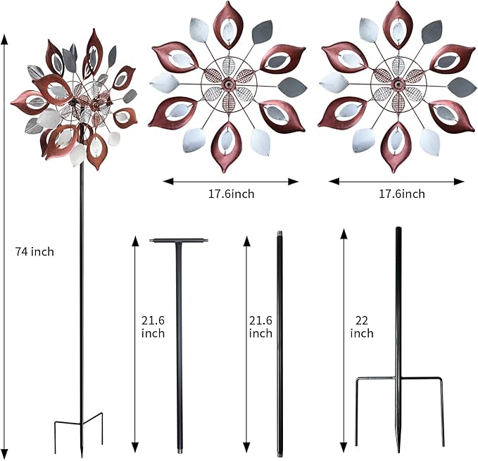 GUAGUA Classical Metal Wind Spinner Outdoor, 360 Degrees Swivel Wind Spinners for Yard and Garden, 74 in Wind Sculptures Willow Leaves Patio Decor (Red)