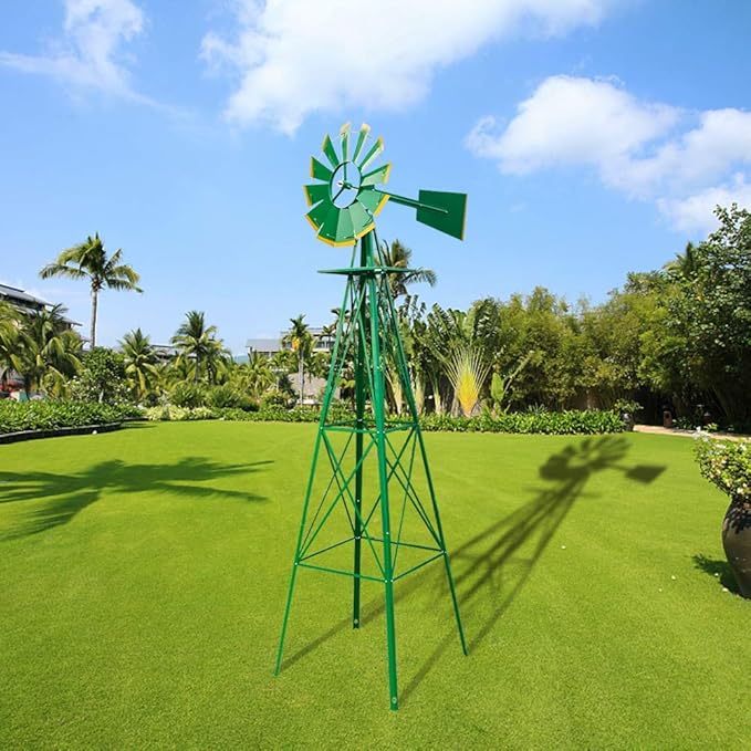 8FT Windmill for Yard Garden Decoration with Weather Vanes，Heavy Duty Outdoor Wind Mills, Large Metal Outdoor Windmill, Weather Resistant,Green