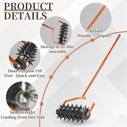 Outvita 60’’ Rolling Lawn Aerator, Heavy Duty Manual Aerator Lawn Tool for Garden Yard Patio with W-Shaped Blades ＆ 49" Handle (Orange)