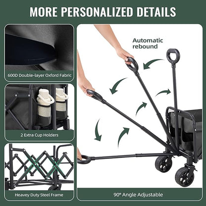 40'' Extra Long Collapsible Wagons Carts Foldable, 360LBS Foldable Wagon Cart with Wheels, Heavy Duty Portable Utility Wagon for Grocery, Shopping, Sports Garden & Camping - Black