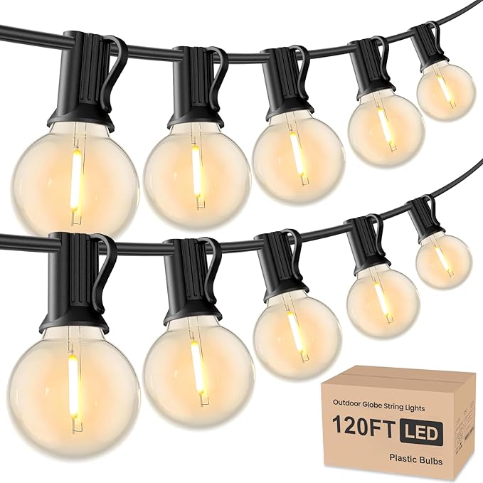RTTY Outdoor String Lights 120ft, G40 Led Patio Globe Lights with 62pcs Bulbs,Shatterproof Waterproof Connectable Hanging for Porch Cafe Bistro Backyard Gazebo Balcony Deck Party