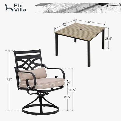 PHI VILLA 5 Pcs Patio Dining Set, Table Chair Set for 4 With Swivel Chairs and Metal Frame Steel Square Table, Outdoor Furniture With Cushion and Pillow for Garden Lawn Deck
