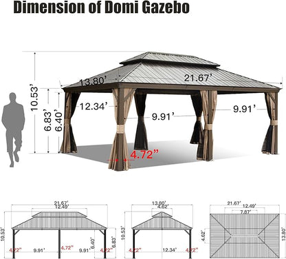 Domi 14'x22' Hardtop Gazebo Canopy,Outdoor Aluminum Gazebo with Galvanized Steel Double Roof,Large Permanent Gazebos Pavilion for Patio Deck Backyard,Curtain and Netting, Dark Brown