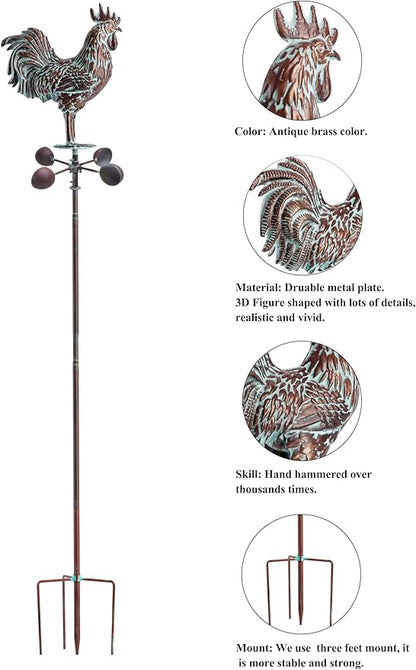 Metal Wind Spinner Rooster Décor Garden Statue 79" Antique Copper Chicken Yard Art Sculpture Outdoor Kinetic Garden Stake for Patio,Lawn,Country Cottage,Farm