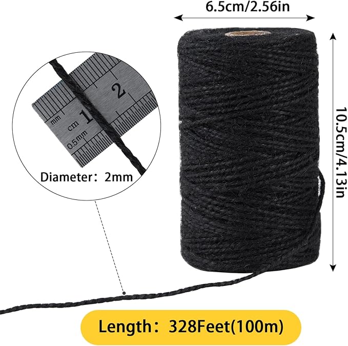 2mm 328 Feet Black Natural Jute Twine, for Crafts Gift, Craft Projects, Wrapping, Bundling, Packing, Holiday Packaging Twine, Gardening and More, Jute Rope to Use Around The House and Garden