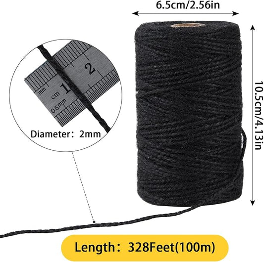 2mm 328 Feet Black Natural Jute Twine, for Crafts Gift, Craft Projects, Wrapping, Bundling, Packing, Holiday Packaging Twine, Gardening and More, Jute Rope to Use Around The House and Garden