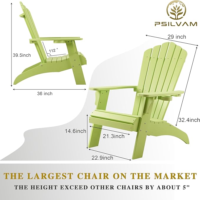 Psilvam Adirondack Chair, Oversized Poly Lumber Fire Pit Chair with Cup Holder, 350Lbs Support Patio Chairs for Garden, Weather Resistant Adirondack Chair Looks Like Real Wood (2, Green)