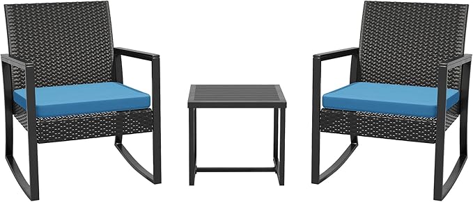 3 Pieces Outdoor Patio Set -Wicker Rattan Chair Conversation Set with Glass Table for Poolside Yard Rocking Chair Set for Bistro Garden Front Porch All Weather Patio Furniture Set