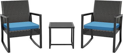 3 Pieces Outdoor Patio Set -Wicker Rattan Chair Conversation Set with Glass Table for Poolside Yard Rocking Chair Set for Bistro Garden Front Porch All Weather Patio Furniture Set