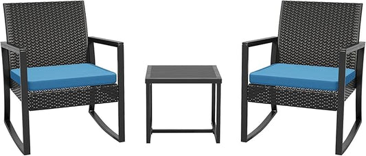 3 Pieces Outdoor Patio Set -Wicker Rattan Chair Conversation Set with Glass Table for Poolside Yard Rocking Chair Set for Bistro Garden Front Porch All Weather Patio Furniture Set