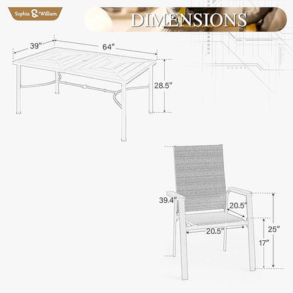 Sophia & William Outdoor Dining Set 7 Pieces, 6 x Aluminum Patio Dining Chairs and Large 64" Metal Dining Table, Space-Saving and Lightweight for Patio Lawn Garden (Grey)