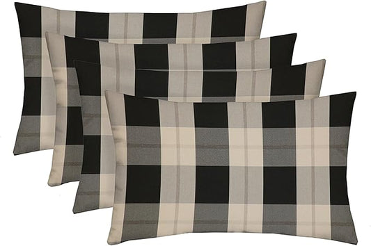 RSH DECOR: Lumbar Throw Pillows Set of 4 | 20” x 12" | All-Weather Spun Fabric | Water and Fade-Resistant | Outdoor Support Pillows for Patio Furniture | Branson Pewter Plaid