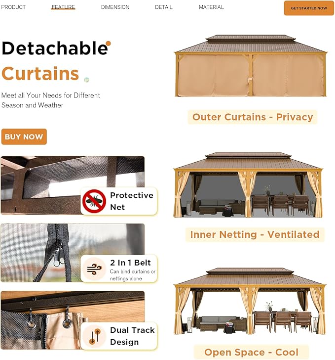 EROMMY 14'x22' Hardtop Gazebo, Galvanized Steel Double Roof with Wood Grain Aluminum Frame, Outdoor Gazebo with Curtains and Nettings for Patio, Backyard and Deck