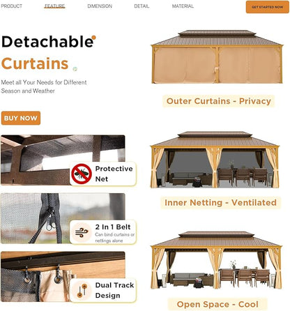 EROMMY 14'x22' Hardtop Gazebo, Galvanized Steel Double Roof with Wood Grain Aluminum Frame, Outdoor Gazebo with Curtains and Nettings for Patio, Backyard and Deck