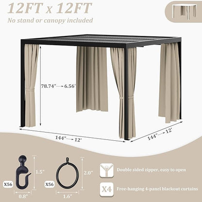 Gazebo Universal Replacement Privacy Curtain,12'×12' Gazebo Outdoor Waterproof Curtains, 4-Panels Sidewall Curtains with Double Zipper for Patio Canopy, Garden and Backyard (Curtain Only)