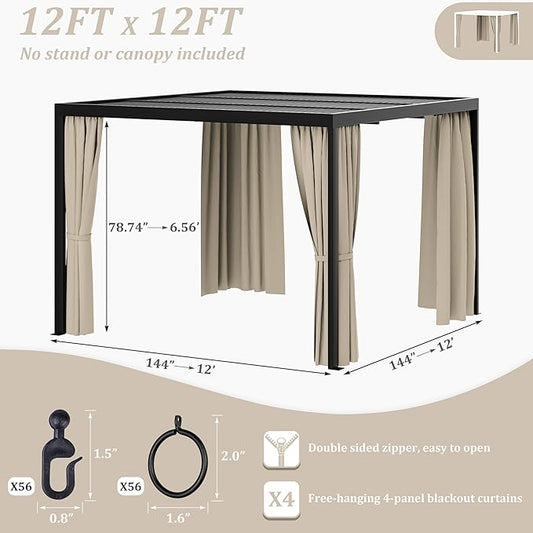 Gazebo Universal Replacement Privacy Curtain,12'×12' Gazebo Outdoor Waterproof Curtains, 4-Panels Sidewall Curtains with Double Zipper for Patio Canopy, Garden and Backyard (Curtain Only)