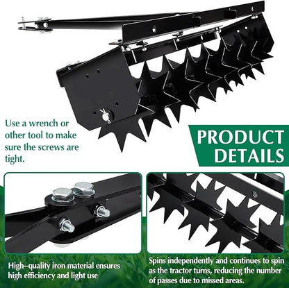 Lasnten 32 Inch Tow Behind Spike Aerator Soil Penetrator Spikes Tractor with Galvanized Steel Tines and Wide Tow Bar Black Lawn Aerator for Home Yard Farm Use