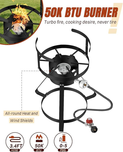 Outdoor Turkey Fryer Set 30QT | Stainless Steel Pot with 15QT Basket | Lid & Lifting Hook & Thermometer | 50,000BTU Propane Gas Burner | For Turkey, Crawfish, Crab, Shrimp & Lobster