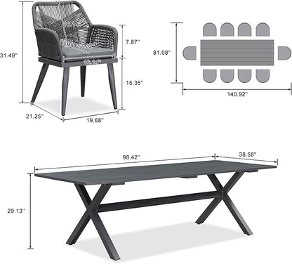 PURPLE LEAF 11 Pieces Outdoor Dining Set All-Weather PE Rattan Outdoor Patio Furniture Set with All Aluminum Frame Rectangular Table and Chairs Set for Lawn Garden Backyard Deck, Grey