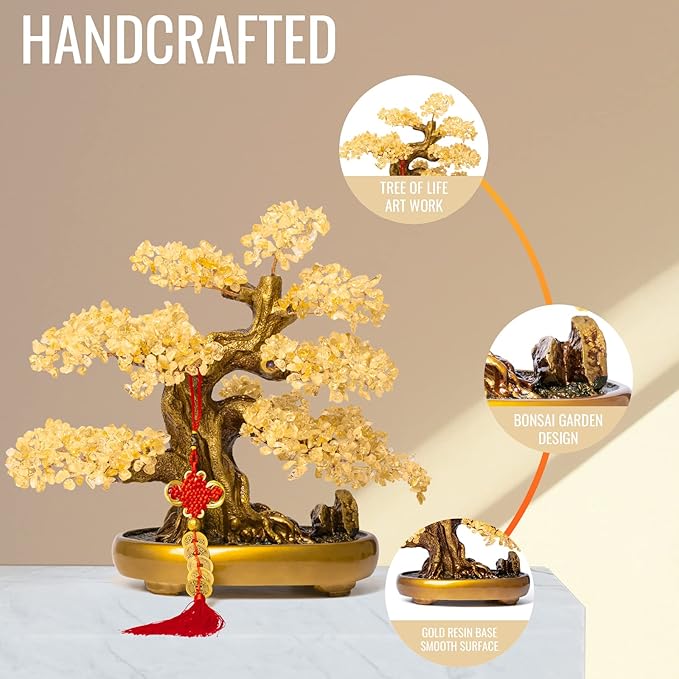 Natural Citrine Gemstone Crystal Bonsai Tree of Life Large Feng Shui Money Chakra Tree for Luck and Wealth Desk Decoration(1,251 Gem Count)