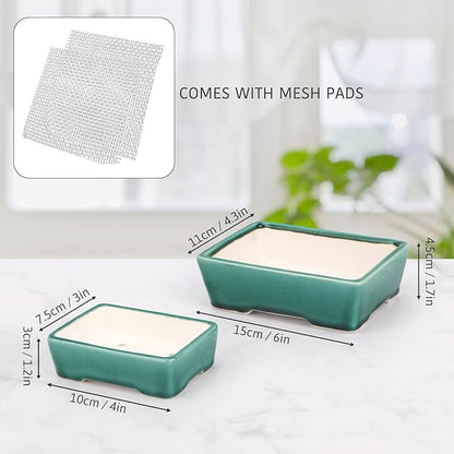 Set of 2 Zisha White Clay Bonsai Pot Glazed Shallow Succulent Planter Green