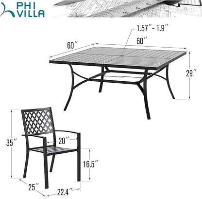PHI VILLA 9 Piece Patio Dining Set, Metal Outdoor 60'' Square Table Furniture Set with 6 Backyard Armrest Stackable Chairs, Table with 1.57'' Umbrella Hole for Patio, Deck, Black
